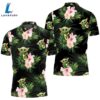 Baby Yoda Hugging Avocadoes Seamless Tropical Flowers And Green Leaves On Black Polo Shirt