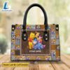 Custom Name Winnie the Pooh Gang Quilt Brown Leopard Pattern Premium Leather Handbag