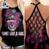 Breast Cancer Awareness Criss Cross Tank Top Pink Ribbon Fight Like A Girl Skull