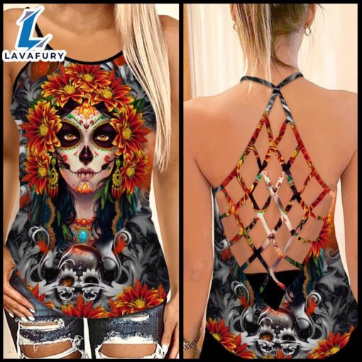 Pride Blooming Girl Sugar Skull Criss-cross Tank Top