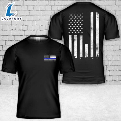 Custom Name Police Thin Blue Line Vertical Flag T-Shirt 3D 4th Of July Shirt