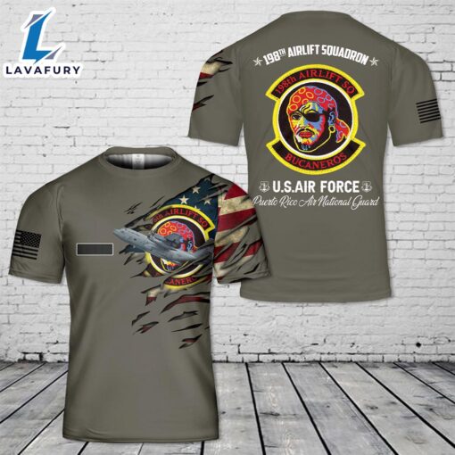 Custom Name Puerto Rico Air National Guard 198th Airlift Squadron WC-130H Hercules Flag T-Shirt 3D 4th Of July Shirt