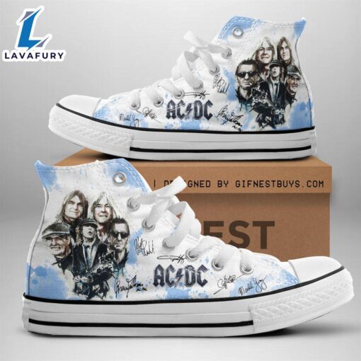 Acdc Rock Band, Acdc Members’ Sign White Shoes, Acdc High Top Canvas Shoes  For Fans
