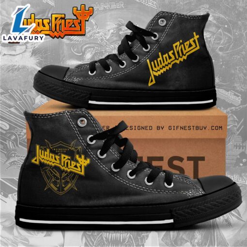 Black And Yellow Judas Priest Shoes, Judas Priest High Top Canvas Shoes, Judas Priest Gift For Fans