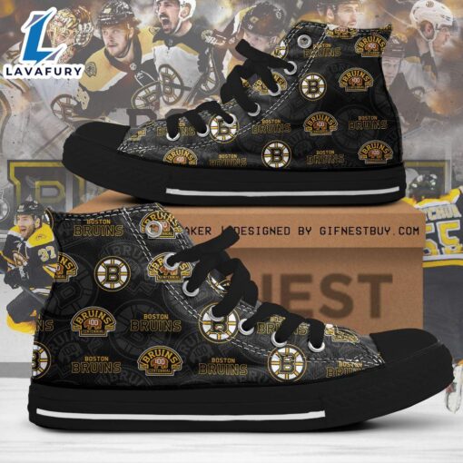 Bon Bruins Logo, Bon Bruins Black And Yellow, Boston Bruins High Top Canvas Shoes For Fans