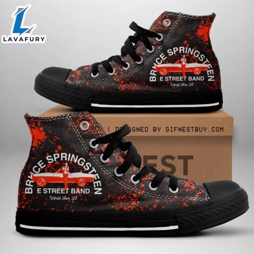 Bruce Springsteen E Street Band Red Shoes, Bruce Springsteen High Top Canvas Shoes For Fans