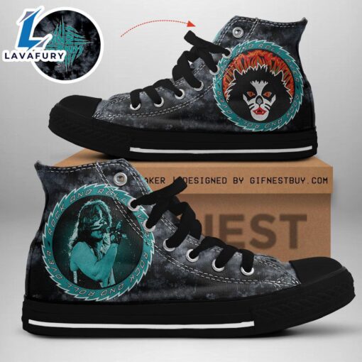 Kiss Band Rock And Roll Over Blue Shoes, Kiss Band High Top Shoes For Fans