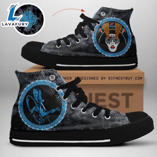 Kiss Band Rock N Roll Over Blue Shoes, Kiss Band High Top Shoes For Fans