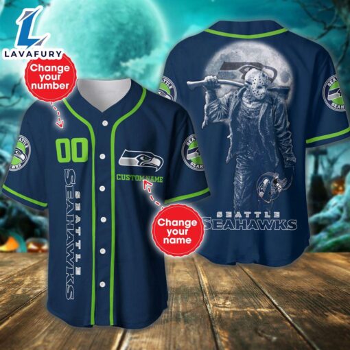 Seattle Seahawks Horror Movie Personalized Baseball Jersey  – Gift  For Halloween