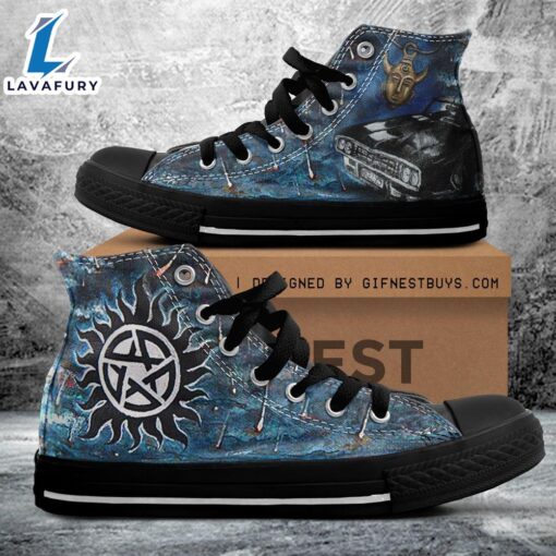 Supernatural Symbol, Supernatural Grey Blue Shoes, Supernatural High Top Canvas Shoes For Fans