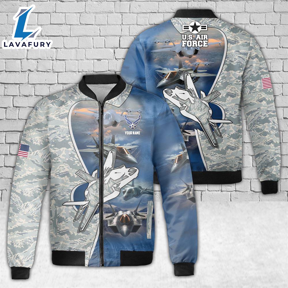 Custom Name US Air Force F-35 Lightning II Aircraft Camo AOP Fleece Bomber Jacket For Man And Women Custom Name US Air Force F-35 Lightning II Aircraft Camo AOP Fleece Bomber Jacket For Man And Women