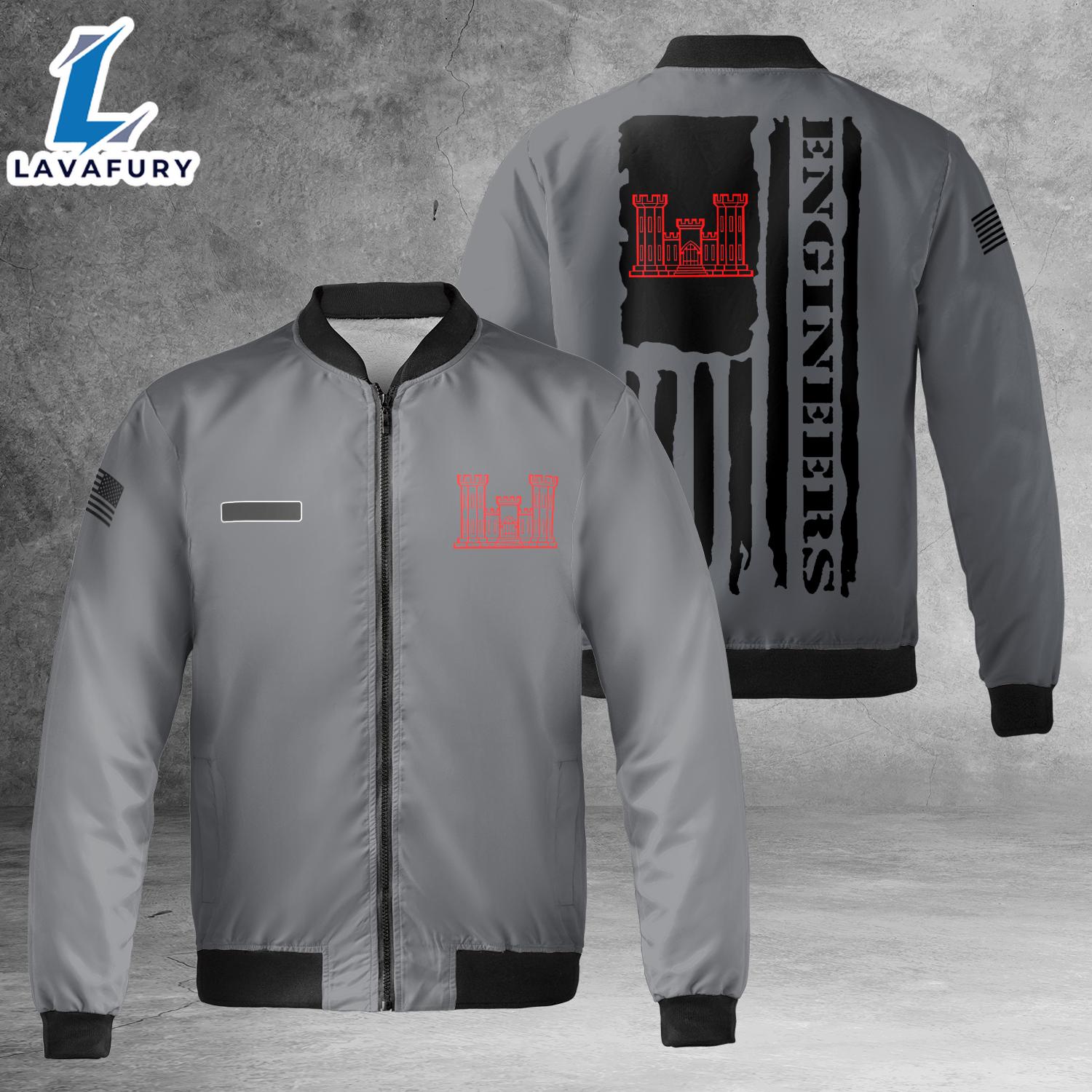 Custom Name US Army Corps of Engineers Flag AOP Fleece Bomber Jacket For Man And Women Custom Name US Army Corps of Engineers Flag AOP Fleece Bomber Jacket For Man And Women