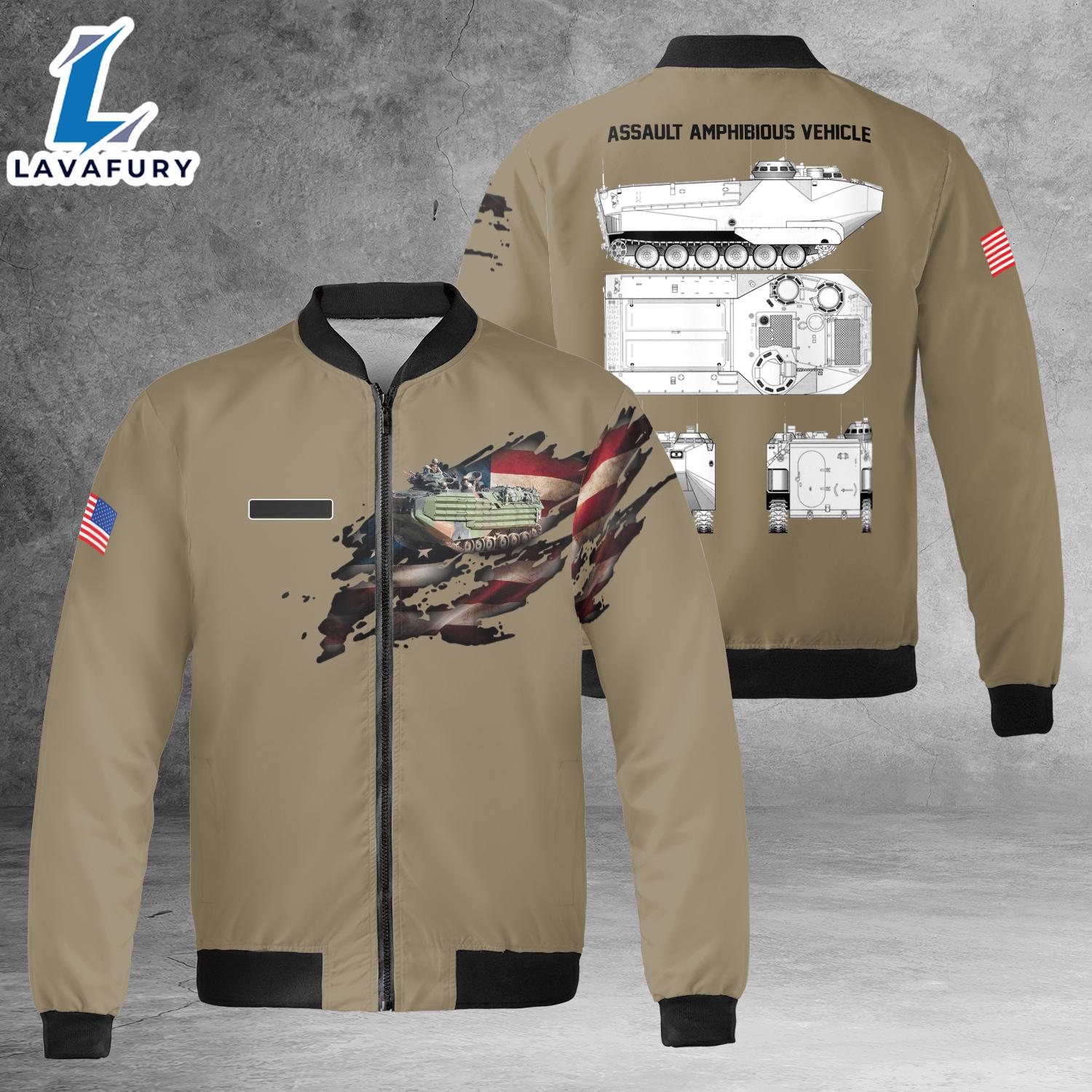 Custom Name U.S. Marine Corps Assault Amphibious Vehicle AAV AOP Fleece Bomber Jacket For Man And Women Custom Name U.S. Marine Corps Assault Amphibious Vehicle AAV AOP Fleece Bomber Jacket For Man And Women