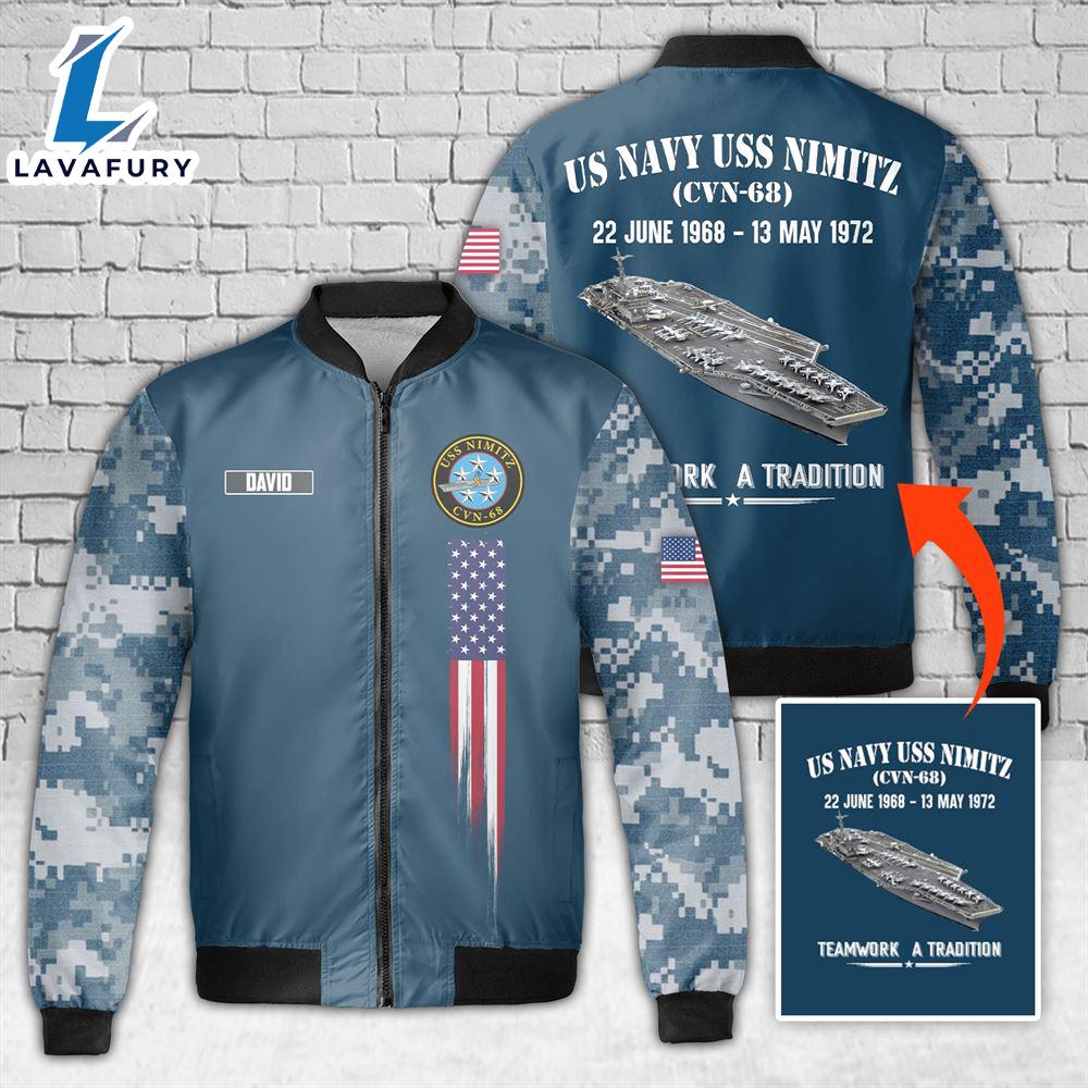 Custom Name US Navy USS Nimitz (CVN-68) AOP Fleece Bomber Jacket For Man And Women Custom Name US Navy USS Nimitz (CVN-68) AOP Fleece Bomber Jacket For Man And Women