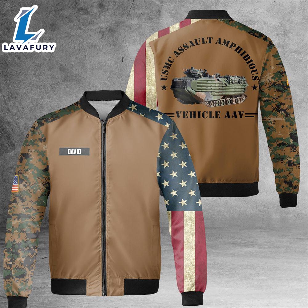 Custom Name USMC Assault Amphibious Vehicle AAV AOP Fleece Bomber Jacket For Man And Women Custom Name USMC Assault Amphibious Vehicle AAV AOP Fleece Bomber Jacket For Man And Women