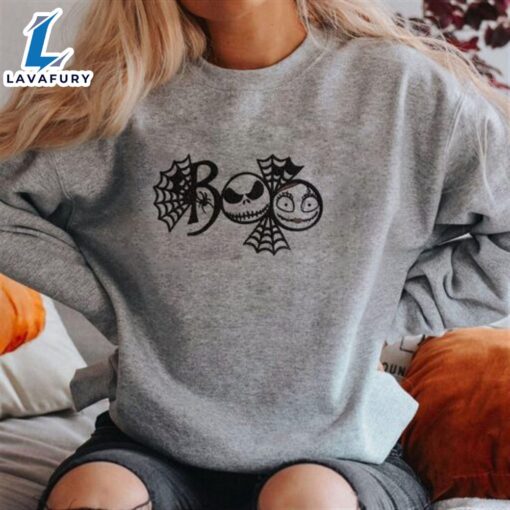 Cute Jack Skellington And Sally Embroidered Halloween Gray Sweatshirt For Man And Women
