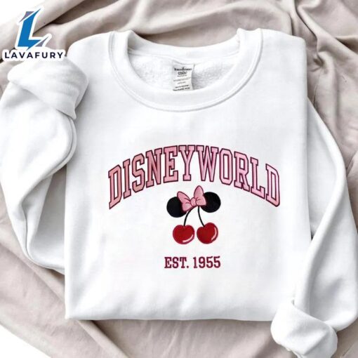 Disneyland Est 1955 Coquette Pink Mickey & Minnie Cherry Embroidered Sweatshirt