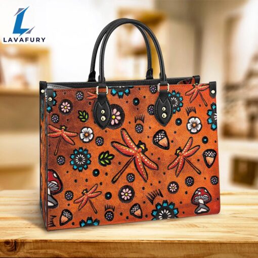 Dragonfly Mushrooms Flowers Pattern Style Leather Bag Christ Gifts Leather Bags Christian Leather Bag