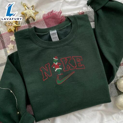 Funny Grinch Standing Logo Red Embroidered Sweatshirt  For Man And Women