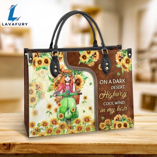 Hippie Sunflower On A Dark Desert Highway Leather Bag Christ Gifts Leather Bags Christian Leather Bag