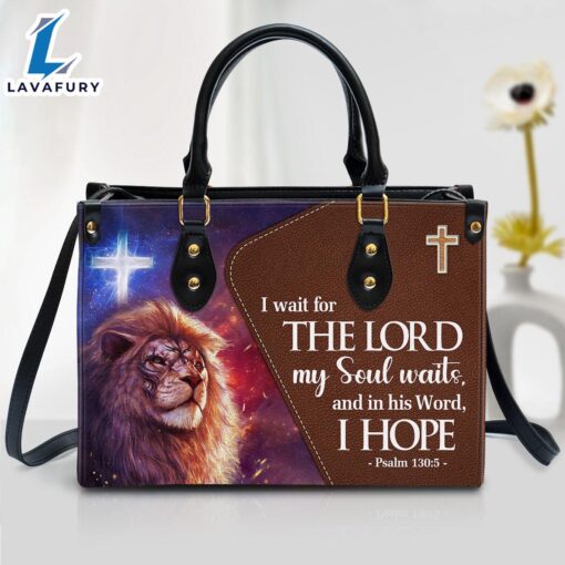Psalm 1305 I Wait For The Lord Leather Handbag With Handle Christ Gifts Leather Bags Christian Leather Bag