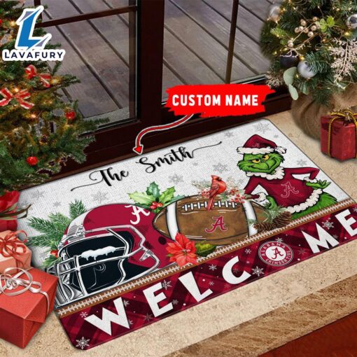 NCAA Alabama Crimson Tide Grinch Christmas Welcome  Football Doormat – Custom Name Gift Xmas