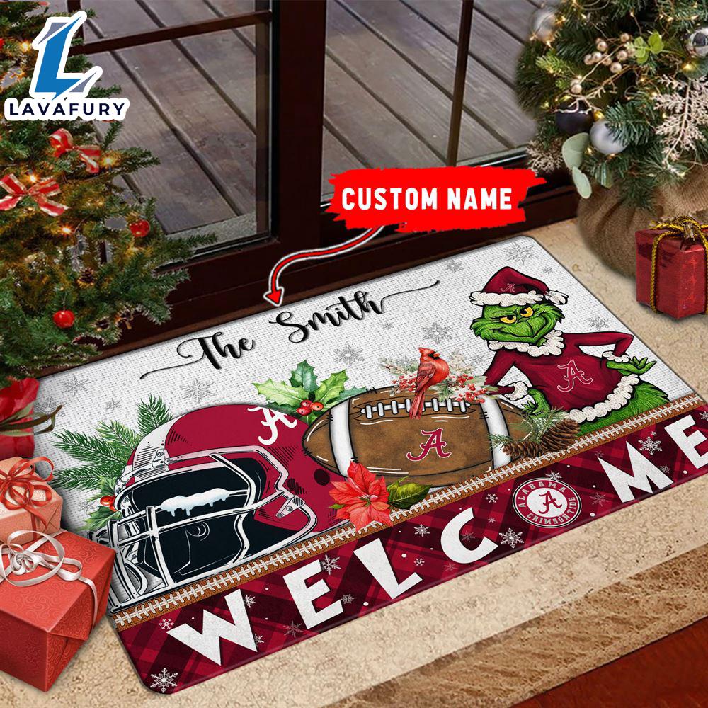 NCAA Alabama Crimson Tide Grinch Christmas Welcome  Football Doormat - Custom Name Gift Xmas NCAA Alabama Crimson Tide Grinch Christmas Welcome  Football Doormat - Custom Name Gift Xmas
