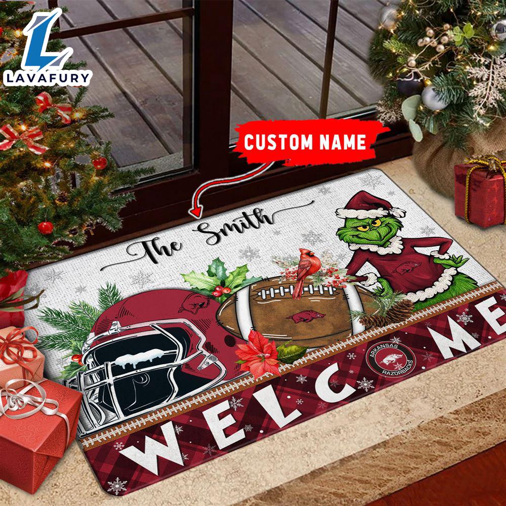 NCAA Arkansas Razorbacks Grinch Christmas Welcome  Football Doormat - Custom Name Gift Xmas NCAA Arkansas Razorbacks Grinch Christmas Welcome  Football Doormat - Custom Name Gift Xmas