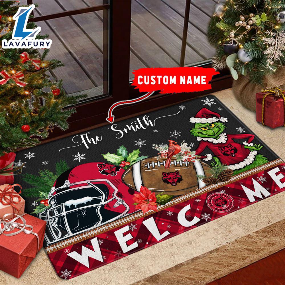 NCAA Arkansas State Red Wolves Grinch Christmas Welcome  Football Doormat - Custom Name Gift Xmas NCAA Arkansas State Red Wolves Grinch Christmas Welcome  Football Doormat - Custom Name Gift Xmas