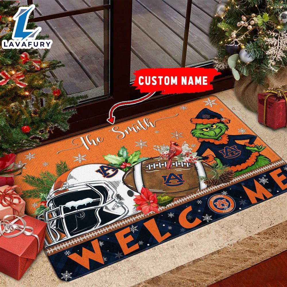 NCAA Auburn Tigers Grinch Christmas Welcome  Football Doormat - Custom Name Gift Xmas NCAA Auburn Tigers Grinch Christmas Welcome  Football Doormat - Custom Name Gift Xmas