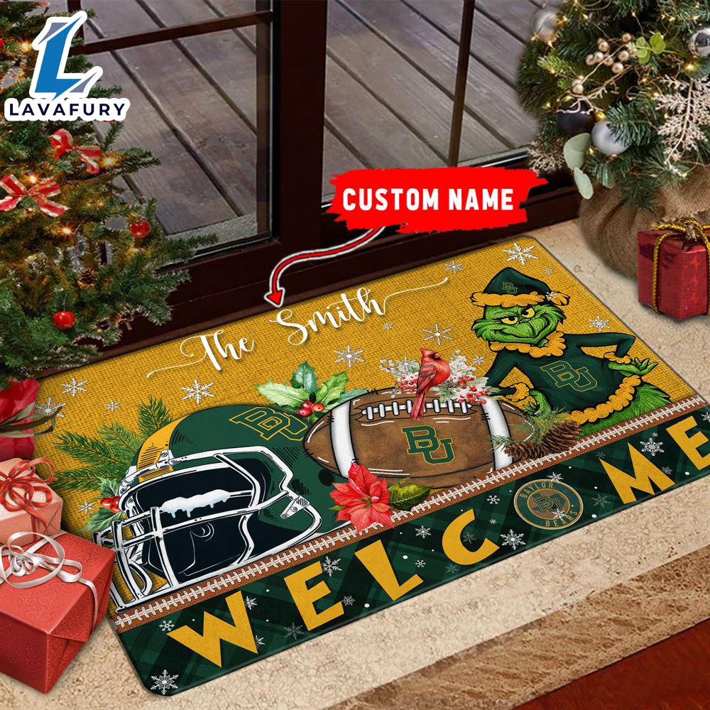 NCAA Baylor Bears Grinch Christmas Welcome  Football Doormat - Custom Name Gift Xmas NCAA Baylor Bears Grinch Christmas Welcome  Football Doormat - Custom Name Gift Xmas