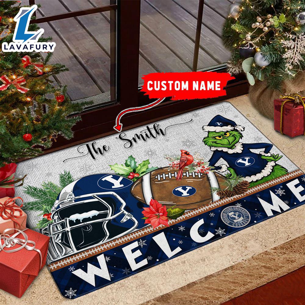 NCAA BYU Grinch Christmas Welcome  Football Doormat - Custom Name Gift Xmas NCAA BYU Grinch Christmas Welcome  Football Doormat - Custom Name Gift Xmas