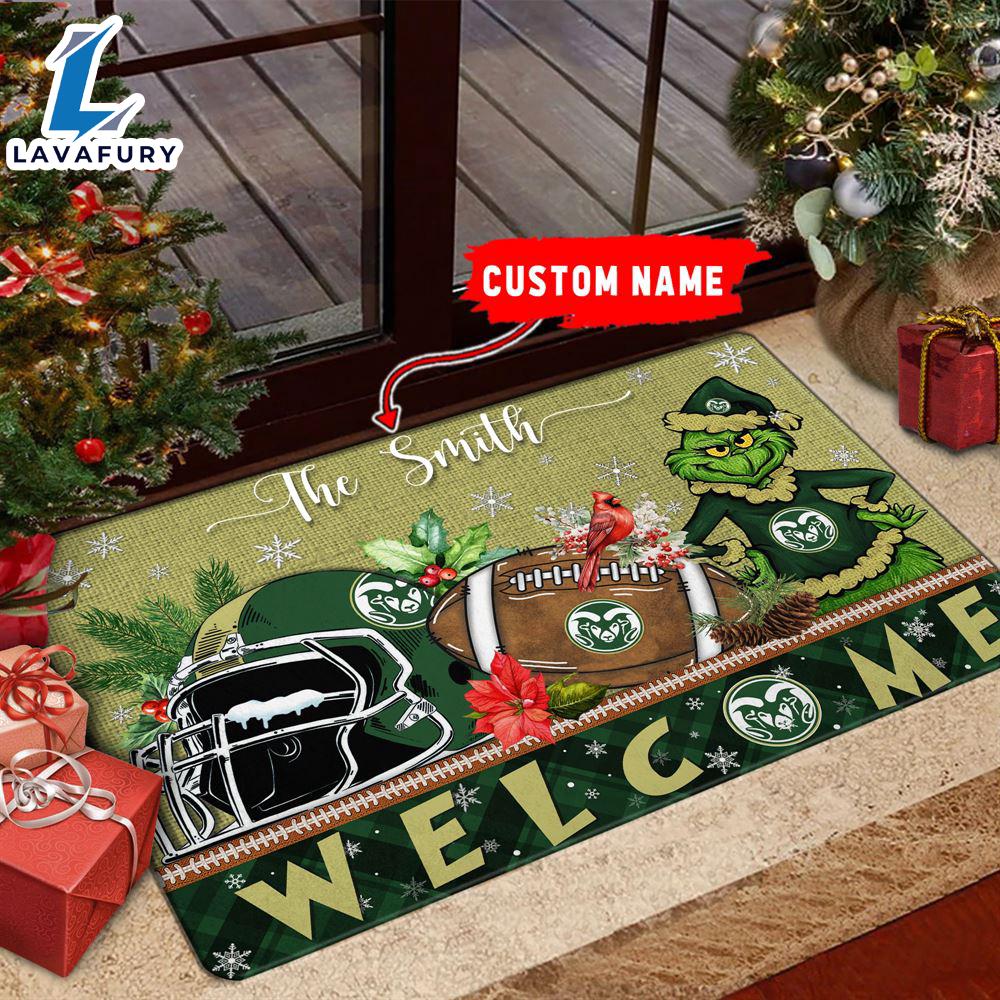 NCAA Colorado State Rams Grinch Christmas Welcome  Football Doormat - Custom Name Gift Xmas NCAA Colorado State Rams Grinch Christmas Welcome  Football Doormat - Custom Name Gift Xmas