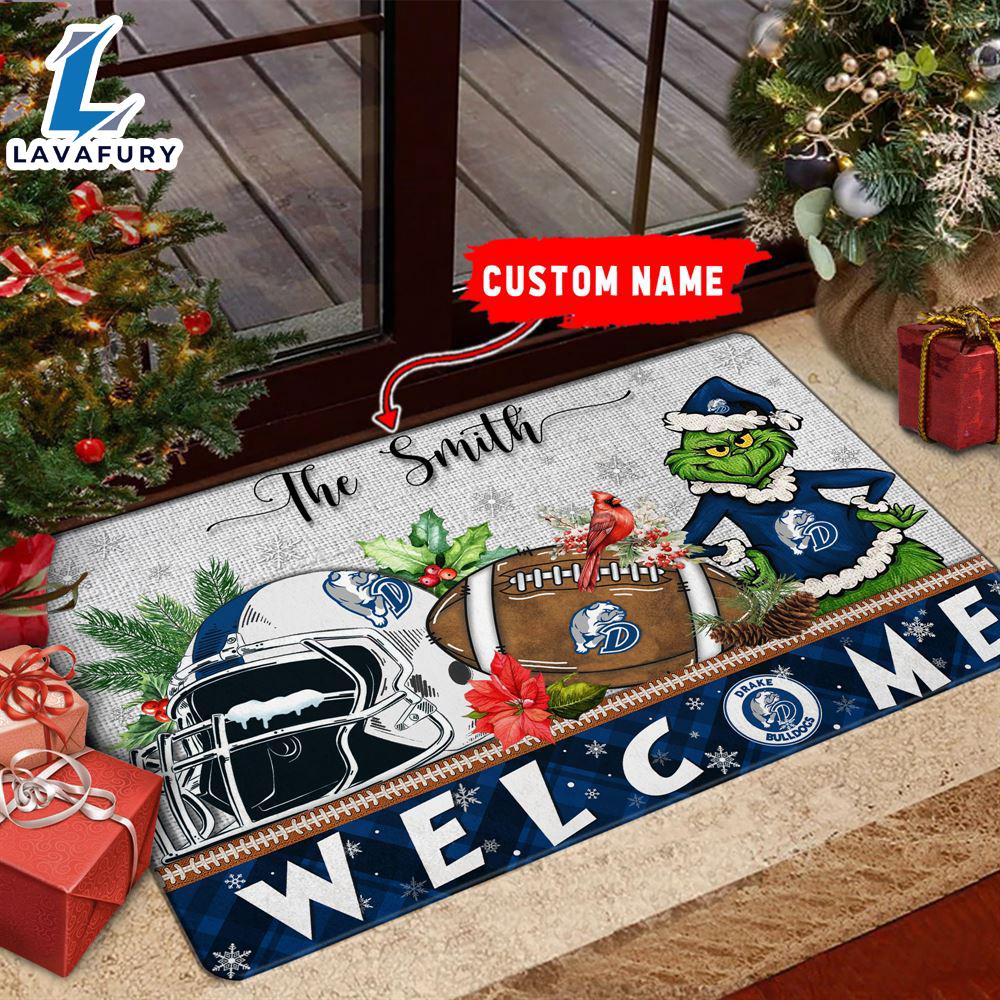 NCAA Drake Bulldogs Grinch Christmas Welcome  Football Doormat - Custom Name Gift Xmas NCAA Drake Bulldogs Grinch Christmas Welcome  Football Doormat - Custom Name Gift Xmas