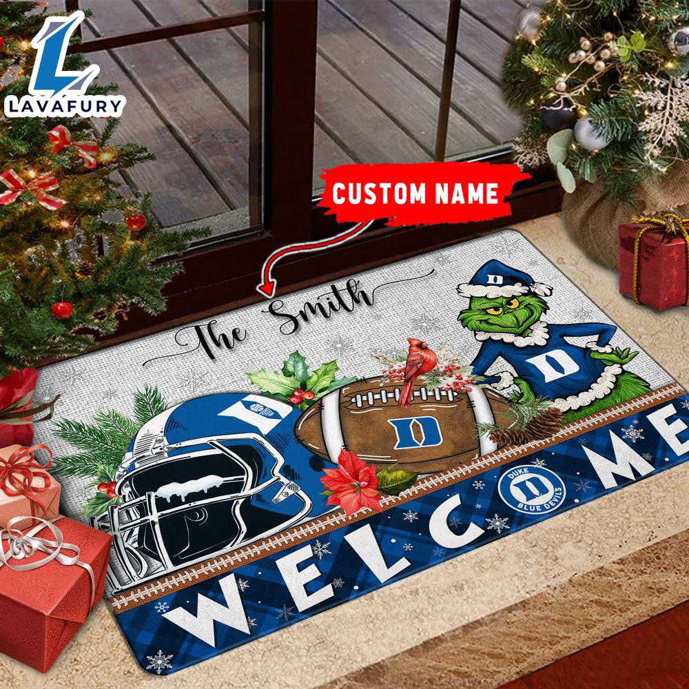 NCAA Duke Blue Devils  Grinch Christmas Welcome  Football Doormat - Custom Name Gift Xmas NCAA Duke Blue Devils  Grinch Christmas Welcome  Football Doormat - Custom Name Gift Xmas