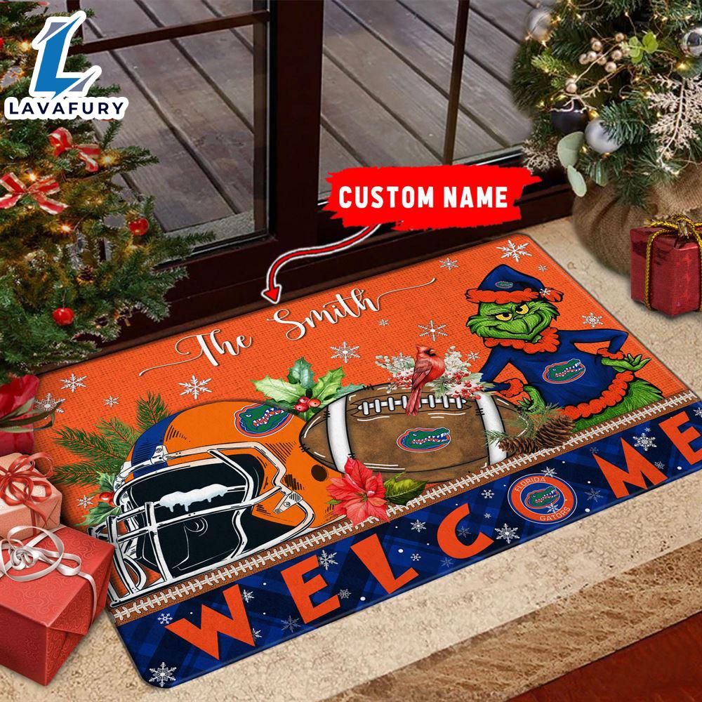 NCAA Florida Gators Grinch Christmas Welcome  Football Doormat - Custom Name Gift Xmas NCAA Florida Gators Grinch Christmas Welcome  Football Doormat - Custom Name Gift Xmas