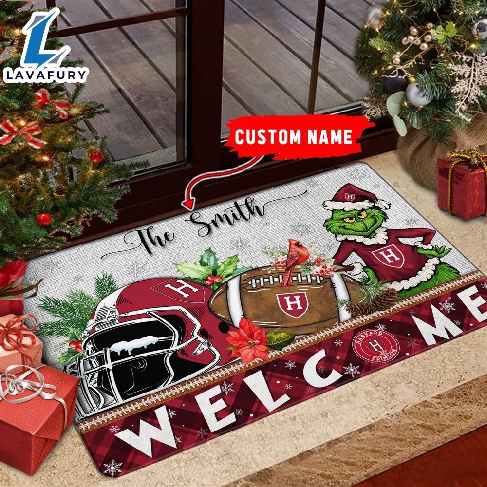 NCAA Harvard Crimson Grinch Christmas Welcome  Football Doormat - Custom Name Gift Xmas NCAA Harvard Crimson Grinch Christmas Welcome  Football Doormat - Custom Name Gift Xmas