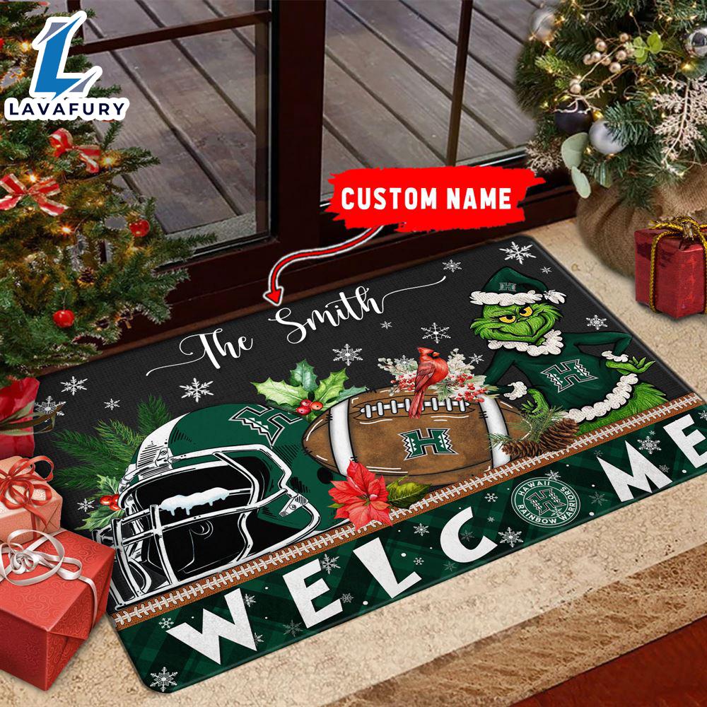 NCAA Hawaii Rainbow Warriors Grinch Christmas Welcome  Football Doormat - Custom Name Gift Xmas NCAA Hawaii Rainbow Warriors Grinch Christmas Welcome  Football Doormat - Custom Name Gift Xmas