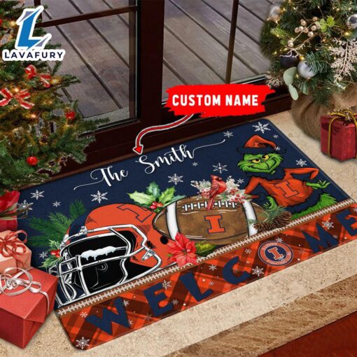 NCAA Illinois Fighting Illini Grinch Christmas Welcome  Football Doormat – Custom Name Gift Xmas