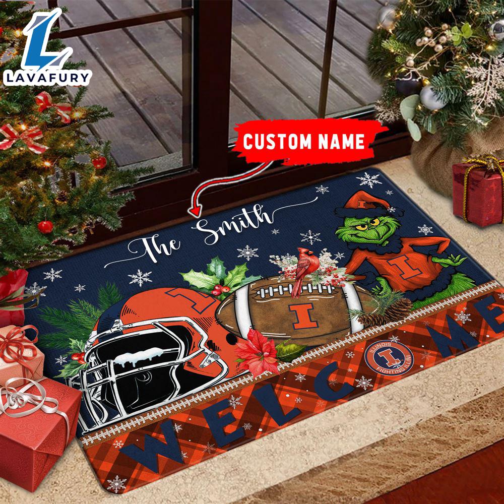 NCAA Illinois Fighting Illini Grinch Christmas Welcome  Football Doormat - Custom Name Gift Xmas NCAA Illinois Fighting Illini Grinch Christmas Welcome  Football Doormat - Custom Name Gift Xmas