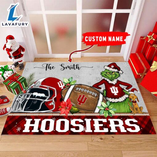 NCAA Indiana Hoosiers Grinch And Max Christmas Welcome Football Doormat – Custom Name Gift Xmas