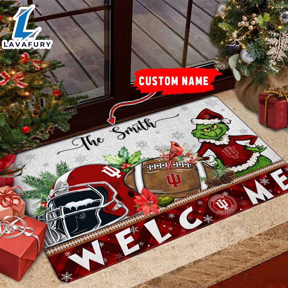 NCAA Indiana Hoosiers Grinch Christmas Welcome  Football Doormat - Custom Name Gift Xmas NCAA Indiana Hoosiers Grinch Christmas Welcome  Football Doormat - Custom Name Gift Xmas