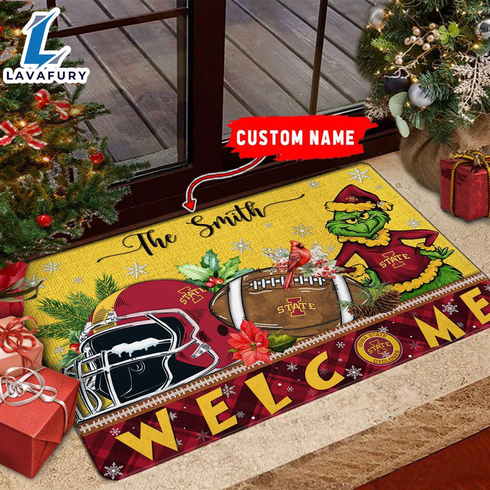 NCAA Iowa State Cyclones Grinch Christmas Welcome  Football Doormat - Custom Name Gift Xmas NCAA Iowa State Cyclones Grinch Christmas Welcome  Football Doormat - Custom Name Gift Xmas
