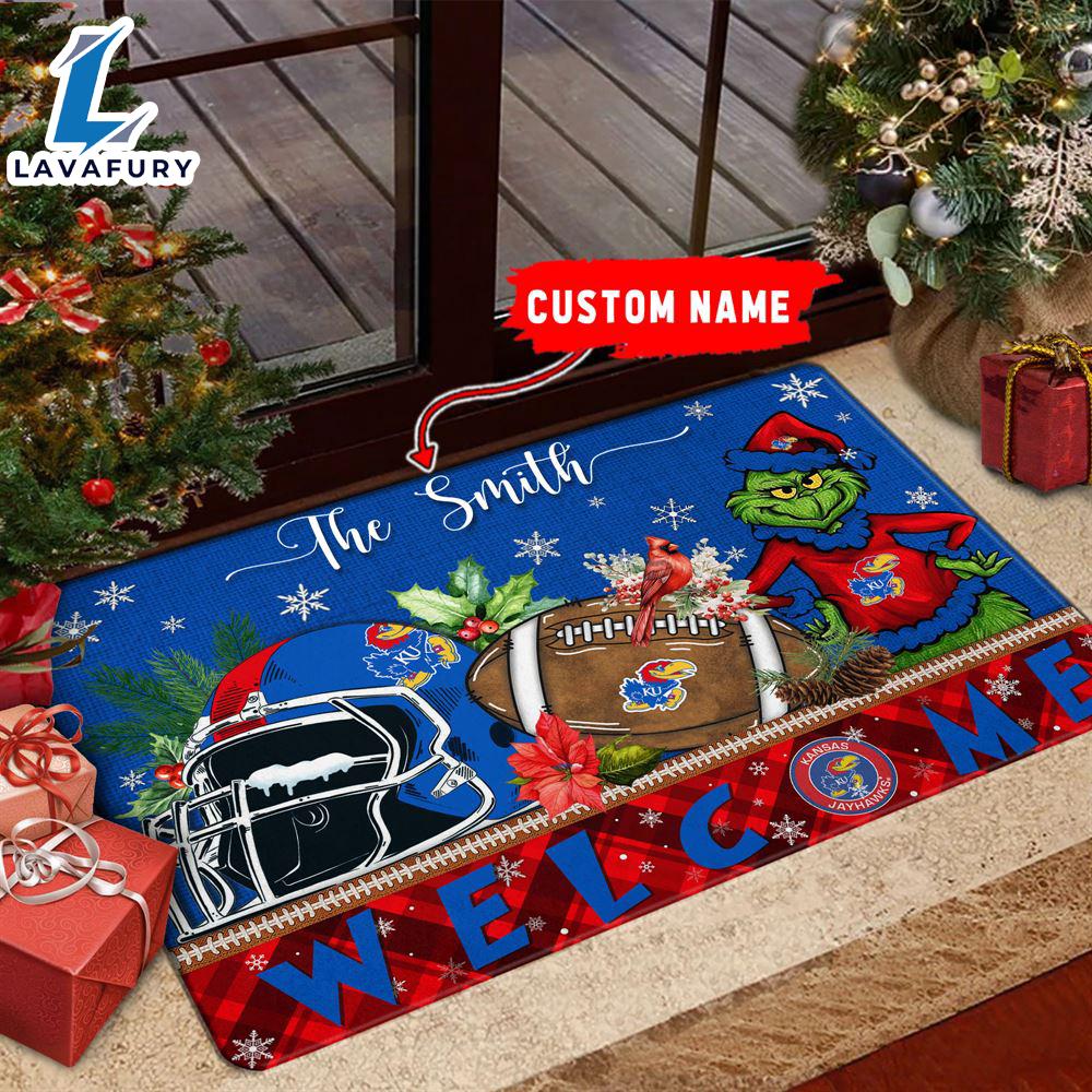 NCAA Kansas Jayhawks Grinch Christmas Welcome  Football Doormat - Custom Name Gift Xmas NCAA Kansas Jayhawks Grinch Christmas Welcome  Football Doormat - Custom Name Gift Xmas