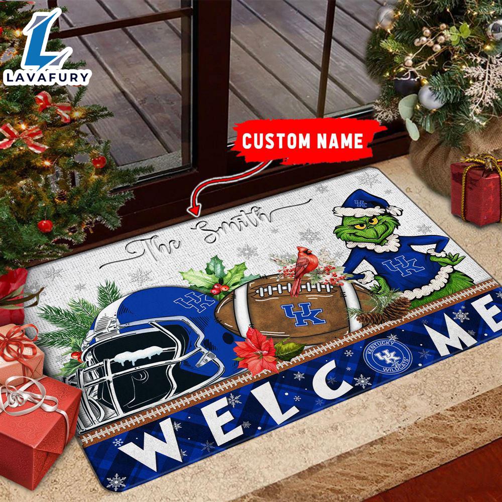 NCAA Kentucky Wildcats  Grinch Christmas Welcome  Football Doormat - Custom Name Gift Xmas NCAA Kentucky Wildcats  Grinch Christmas Welcome  Football Doormat - Custom Name Gift Xmas