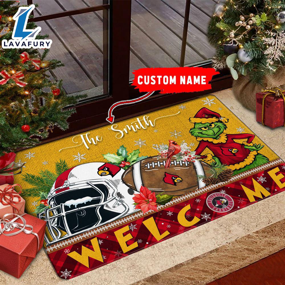 NCAA Louisville Cardinals Grinch Christmas Welcome  Football Doormat - Custom Name Gift Xmas NCAA Louisville Cardinals Grinch Christmas Welcome  Football Doormat - Custom Name Gift Xmas