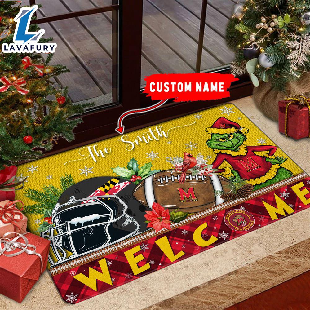 NCAA Maryland Terrapins Grinch Christmas Welcome  Football Doormat - Custom Name Gift Xmas NCAA Maryland Terrapins Grinch Christmas Welcome  Football Doormat - Custom Name Gift Xmas