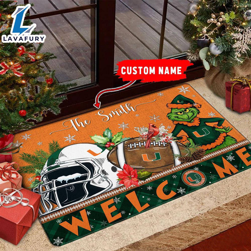 NCAA Miami Hurricanes Grinch Christmas Welcome  Football Doormat - Custom Name Gift Xmas NCAA Miami Hurricanes Grinch Christmas Welcome  Football Doormat - Custom Name Gift Xmas