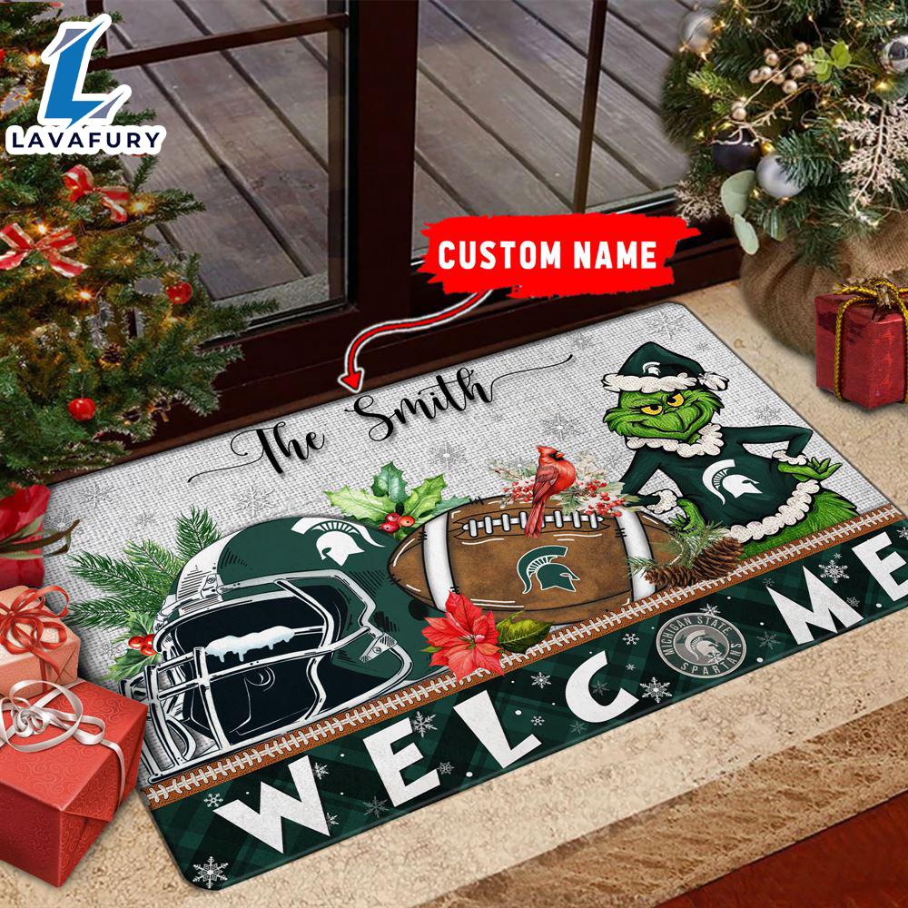 NCAA Michigan State Spartans Grinch Christmas Welcome  Football Doormat - Custom Name Gift Xmas NCAA Michigan State Spartans Grinch Christmas Welcome  Football Doormat - Custom Name Gift Xmas