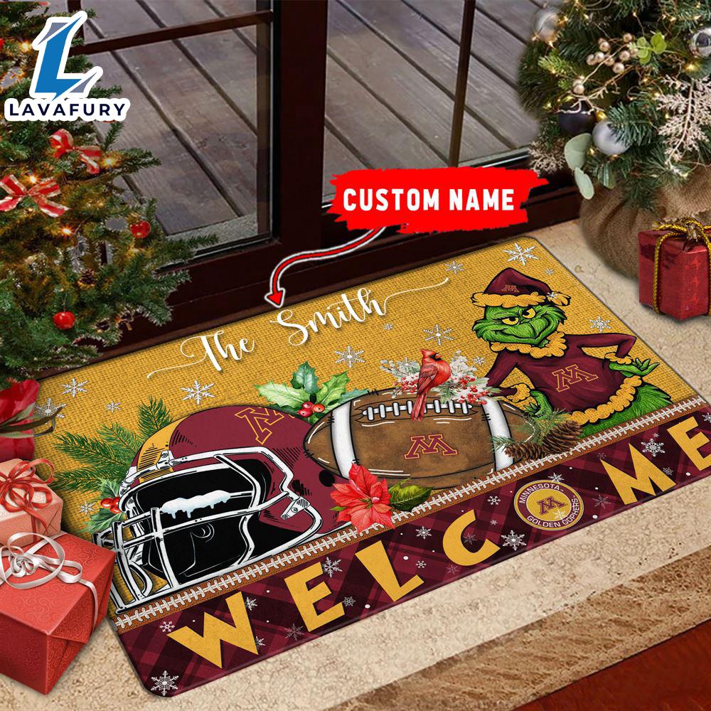 NCAA Minnesota Golden Gophers Grinch Christmas Welcome  Football Doormat - Custom Name Gift Xmas NCAA Minnesota Golden Gophers Grinch Christmas Welcome  Football Doormat - Custom Name Gift Xmas